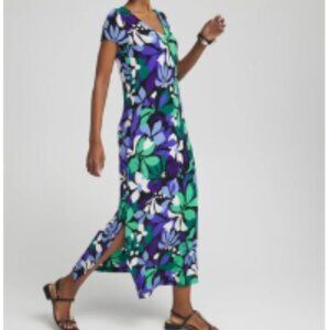 chico's travelers maxi dress Chico's Travelers Size-3 Maxi Dress Short Sleeve Slinky Floral Boho